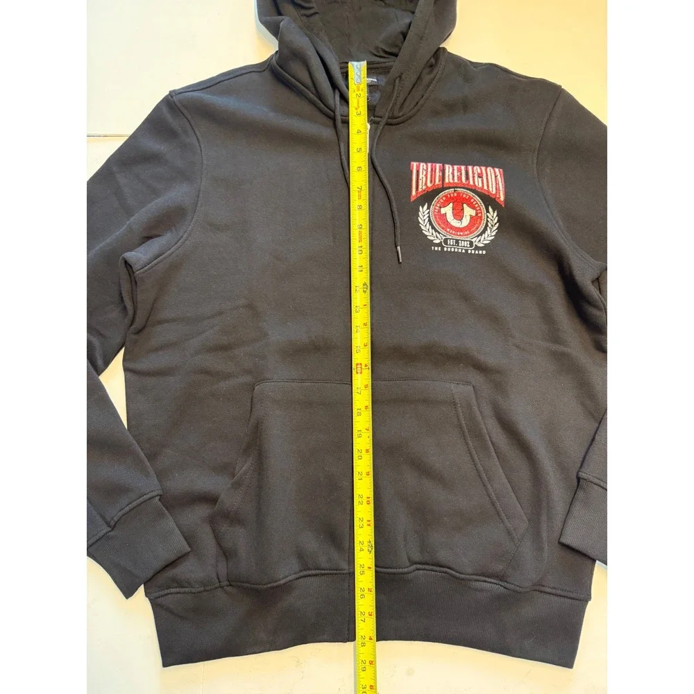 True Religion Mens College HS Zip Hoodie Jet Black Distressed Logo 700926 XL